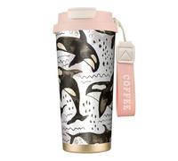 YXDVPALNE Orcas de acuarela,Taza de café de acero inoxidable 316 con cordón, vaso térmico de viaje para coche, 500 ml
