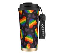YXDVPALNE Orgullo LGBT Corazón Arcoíris Gay,Taza de café de acero inoxidable 316 con cordón, vaso térmico de viaje para coche, 500 ml