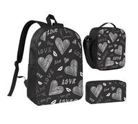 YXDVPALNE Palabras de amor escritas a mano con corazones,Mochila para estudiantes, bolsa de almuerzo y estuche de lápices (3 piezas)