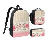 YXDVPALNE Patrón de encaje floral vintage shabby chic con combinación de lunares y rayas neutras en tonos rosas,Mochila para estudiantes, bolsa de almuerzo y estuche de lápices (3 piezas)