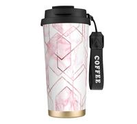 YXDVPALNE Patrón geométrico sin costuras con líneas doradas brillantes y mármol rosa,Taza de café de acero inoxidable 316 con cordón, vaso térmico de viaje para coche, 500 ml