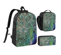 YXDVPALNE Pavo real mostrando plumas con las alas abiertas,Mochila para estudiantes, bolsa de almuerzo y estuche de lápices (3 piezas)