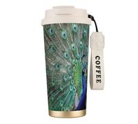 YXDVPALNE Pavo real mostrando plumas con las alas abiertas,Taza de café de acero inoxidable 316 con cordón, vaso térmico de viaje para coche, 500 ml