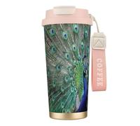 YXDVPALNE Pavo real mostrando plumas con las alas abiertas,Taza de café de acero inoxidable 316 con cordón, vaso térmico de viaje para coche, 500 ml