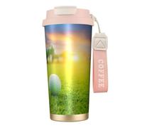 YXDVPALNE Pelota de golf verde con estampado de atardecer,Taza de café de acero inoxidable 316 con cordón, vaso térmico de viaje para coche, 500 ml