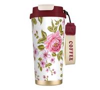YXDVPALNE Peonías de color rosa paja,Taza de café de acero inoxidable 316 con cordón, vaso térmico de viaje para coche, 500 ml