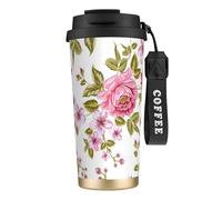 YXDVPALNE Peonías de color rosa paja,Taza de café de acero inoxidable 316 con cordón, vaso térmico de viaje para coche, 500 ml