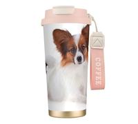 YXDVPALNE Perro Papillon esponjoso,Taza de café de acero inoxidable 316 con cordón, vaso térmico de viaje para coche, 500 ml