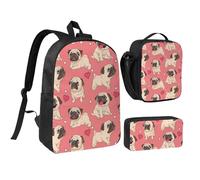 YXDVPALNE Perro Pug con forma de corazón para el Día de San Valentín,Mochila para estudiantes, bolsa de almuerzo y estuche de lápices (3 piezas)