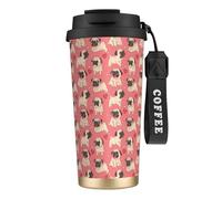 YXDVPALNE Perro Pug con forma de corazón para el Día de San Valentín,Taza de café de acero inoxidable 316 con cordón, vaso térmico de viaje para coche, 500 ml
