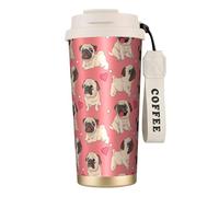 YXDVPALNE Perro Pug con forma de corazón para el Día de San Valentín,Taza de café de acero inoxidable 316 con cordón, vaso térmico de viaje para coche, 500 ml