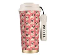 YXDVPALNE Perro Pug con forma de corazón para el Día de San Valentín,Taza de café de acero inoxidable 316 con cordón, vaso térmico de viaje para coche, 500 ml
