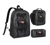 YXDVPALNE Perro pug negro aislado sobre un fondo negro,Mochila para estudiantes, bolsa de almuerzo y estuche de lápices (3 piezas)