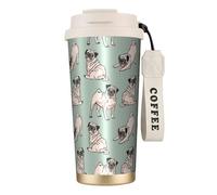 YXDVPALNE Perros Pug Sentados,Taza de café de acero inoxidable 316 con cordón, vaso térmico de viaje para coche, 500 ml