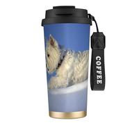 YXDVPALNE Perros Westie de invierno West Highland White Terrier,Taza de café de acero inoxidable 316 con cordón, vaso térmico de viaje para coche, 500 ml