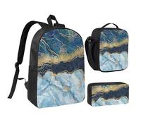 YXDVPALNE Pintura abstracta dorada con brillo y mármol azul,Mochila para estudiantes, bolsa de almuerzo y estuche de lápices (3 piezas)