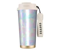YXDVPALNE Poligonal holográfico iridiscente abstracto,Taza de café de acero inoxidable 316 con cordón, vaso térmico de viaje para coche, 500 ml