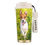 YXDVPALNE Prado de flores de Jack Russell,Taza de café de acero inoxidable 316 con cordón, vaso térmico de viaje para coche, 500 ml