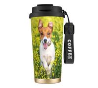 YXDVPALNE Prado de flores de Jack Russell,Taza de café de acero inoxidable 316 con cordón, vaso térmico de viaje para coche, 500 ml