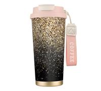 YXDVPALNE Puntos dorados negros con brillo dorado,Taza de café de acero inoxidable 316 con cordón, vaso térmico de viaje para coche, 500 ml