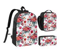 YXDVPALNE Ramos florales brillantes y elegantes en rojo y azul marino,Mochila para estudiantes, bolsa de almuerzo y estuche de lápices (3 piezas)
