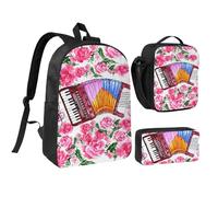 YXDVPALNE Rosa de flor de acordeón de acuarela,Mochila para estudiantes, bolsa de almuerzo y estuche de lápices (3 piezas)