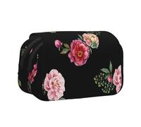 YXDVPALNE Rosas Rojas y Rosadas con Estampado Floral Vintage sobre Fondo Negro Estuche para lápices portátil con Doble Concha y Cremallera