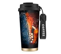 YXDVPALNE Saxofón en fuego y agua,Taza de café de acero inoxidable 316 con cordón, vaso térmico de viaje para coche, 500 ml