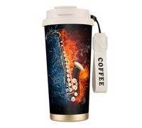 YXDVPALNE Saxofón en fuego y agua,Taza de café de acero inoxidable 316 con cordón, vaso térmico de viaje para coche, 500 ml