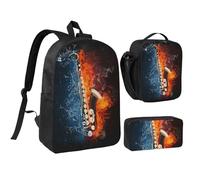 YXDVPALNE Saxofón en llamas y hielo,Mochila para estudiantes, bolsa de almuerzo y estuche de lápices (3 piezas)