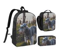 YXDVPALNE Schnauzer miniatura, mascotas de césped, perros grises,Mochila para estudiantes, bolsa de almuerzo y estuche de lápices (3 piezas)