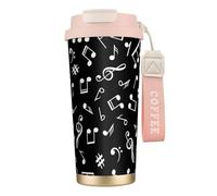 YXDVPALNE Señales de notas musicales negras,Taza de café de acero inoxidable 316 con cordón, vaso térmico de viaje para coche, 500 ml