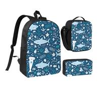 YXDVPALNE Tiburón sonriente Animales marinos Peces Estrellas de mar Azul,Mochila para estudiantes, bolsa de almuerzo y estuche de lápices (3 piezas)
