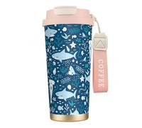 YXDVPALNE Tiburón sonriente Animales marinos Peces Estrellas de mar Azul,Taza de café de acero inoxidable 316 con cordón, vaso térmico de viaje para coche, 500 ml