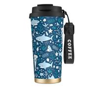 YXDVPALNE Tiburón sonriente Animales marinos Peces Estrellas de mar Azul,Taza de café de acero inoxidable 316 con cordón, vaso térmico de viaje para coche, 500 ml