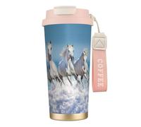 YXDVPALNE Tres caballos blancos,Taza de café de acero inoxidable 316 con cordón, vaso térmico de viaje para coche, 500 ml