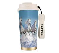 YXDVPALNE Tres caballos blancos,Taza de café de acero inoxidable 316 con cordón, vaso térmico de viaje para coche, 500 ml