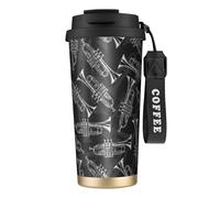 YXDVPALNE Trompetas de boceto en blanco y negro,Taza de café de acero inoxidable 316 con cordón, vaso térmico de viaje para coche, 500 ml
