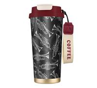 YXDVPALNE Trompetas de boceto en blanco y negro,Taza de café de acero inoxidable 316 con cordón, vaso térmico de viaje para coche, 500 ml