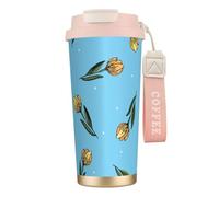 YXDVPALNE Tulipanes amarillos dibujados a mano,Taza de café de acero inoxidable 316 con cordón, vaso térmico de viaje para coche, 500 ml