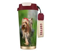 YXDVPALNE Yorkshire Terrier Césped Perros lindos Ummer Red Bow,Taza de café de acero inoxidable 316 con cordón, vaso térmico de viaje para coche, 500 ml