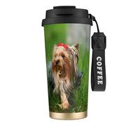 YXDVPALNE Yorkshire Terrier Césped Perros lindos Ummer Red Bow,Taza de café de acero inoxidable 316 con cordón, vaso térmico de viaje para coche, 500 ml