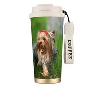 YXDVPALNE Yorkshire Terrier Césped Perros lindos Ummer Red Bow,Taza de café de acero inoxidable 316 con cordón, vaso térmico de viaje para coche, 500 ml