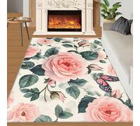 YXQAIED Alfombra de interior con diseño de rosas rosadas, 60 x 90 cm, romántica alfombra con estampado de flores y mariposas, alfombra acogedora y lavable resistente al desprendimiento para sofá, sala