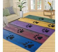 YXQAIED Alfombra negra con estampado de huellas de patas, 180 x 270 cm, alfombra lavable de madera colorida con impresión 3D, suave, antideslizante, alfombra de dibujos animados para sala de estar