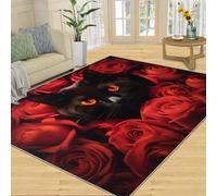 YXQAIED Alfombra romántica de rosas rojas para habitación de niños, alfombra grande de 180 x 200 cm, alfombras de gato negro para dormitorio, alfombras de área para gatos y flores, alfombra lavable