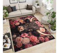 YXQAIED Alfombras de flores rosas para dormitorio de niñas, divertida alfombra de área de vaca de 70 x 140 cm, alfombras con estampado de animales de granja occidental para uso en cocina de granja