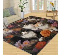 YXQAIED Lindas alfombras de área de gato para sala de estar, gato negro y naranja, tapete de interior para niños y niñas, flores pastorales de acuarela antideslizante, 90 x 150 cm, alfombras