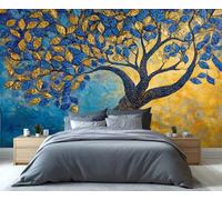YXQAIED Papel pintado de árbol de la vida, papel tapiz de hojas para sala de estar, papel de pared amarillo y azul, no autoadhesivo, pintura al óleo 3D, póster grande y decoración del hogar, 300 x 210