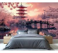 YXQAIED Papel pintado de flores de cerezo, papel de pared de dormitorio estilo japonés, no autoadhesivo, hermosos jardines, para sala de estar, paisaje de puesta de sol, foto 3D de pared y decoración